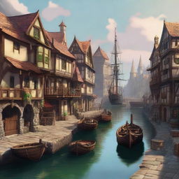 Create a high-quality digital art image depicting a small city port in the style of Dungeons and Dragons