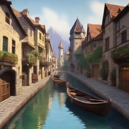 Create a high-quality digital art image depicting a small city port in the style of Dungeons and Dragons