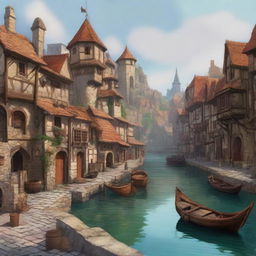 Create a high-quality digital art image depicting a small city port in the style of Dungeons and Dragons