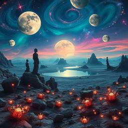 A surrealistic landscape featuring a vast, alien terrain illuminated by multiple moons, with a colorful sky filled with stars and swirling galaxy patterns