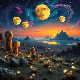 A surrealistic landscape featuring a vast, alien terrain illuminated by multiple moons, with a colorful sky filled with stars and swirling galaxy patterns