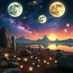 A surrealistic landscape featuring a vast, alien terrain illuminated by multiple moons, with a colorful sky filled with stars and swirling galaxy patterns