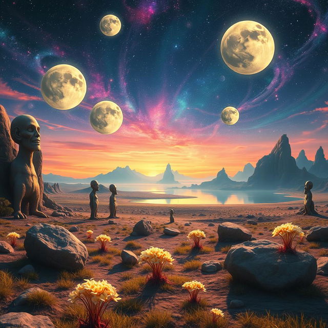 A surrealistic landscape featuring a vast, alien terrain illuminated by multiple moons, with a colorful sky filled with stars and swirling galaxy patterns