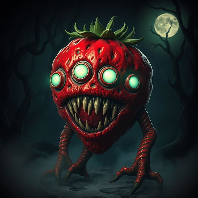 A terrifying horror-themed strawberry monster with six glowing eyes, its body covered in vibrant red and dark green textures that resemble a monstrous strawberry