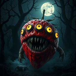 A terrifying horror-themed strawberry monster with six glowing eyes, its body covered in vibrant red and dark green textures that resemble a monstrous strawberry