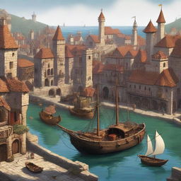 Design a high-quality digital art image showcasing a bustling medieval port in the style of Dungeons and Dragons