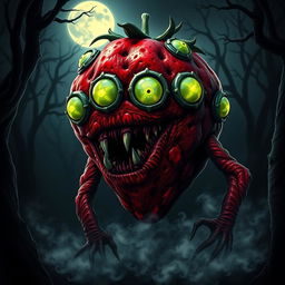 A terrifying horror-themed strawberry monster with six glowing eyes, its body covered in vibrant red and dark green textures that resemble a monstrous strawberry