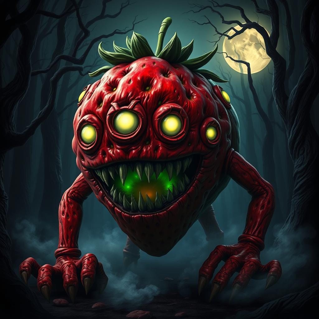 A terrifying horror-themed strawberry monster with six glowing eyes, its body covered in vibrant red and dark green textures that resemble a monstrous strawberry