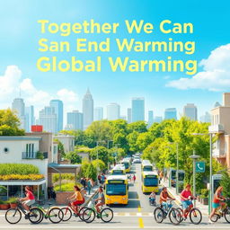 A vibrant city setting depicting a diverse group of people actively reducing carbon emissions through biking, using electric cars, and walking