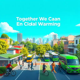 A vibrant city setting depicting a diverse group of people actively reducing carbon emissions through biking, using electric cars, and walking