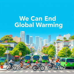 A vibrant city setting depicting a diverse group of people actively reducing carbon emissions through biking, using electric cars, and walking