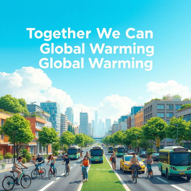 A vibrant city setting depicting a diverse group of people actively reducing carbon emissions through biking, using electric cars, and walking