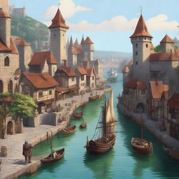 Design a high-quality digital art image showcasing a bustling medieval port in the style of Dungeons and Dragons