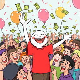 A whimsical white cartoon character wearing a bright red T-shirt joyfully throwing money into a crowd of excited people