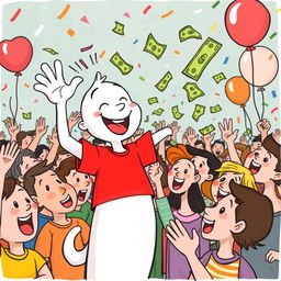 A whimsical white cartoon character wearing a bright red T-shirt joyfully throwing money into a crowd of excited people