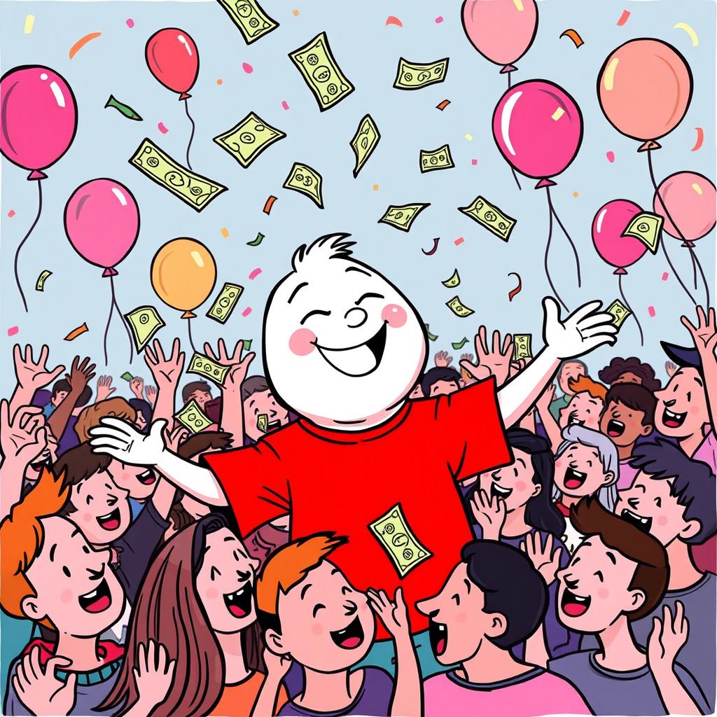 A whimsical white cartoon character wearing a bright red T-shirt joyfully throwing money into a crowd of excited people