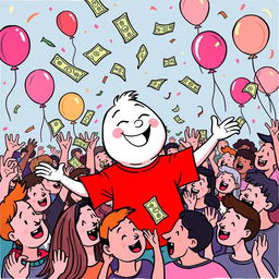 A whimsical white cartoon character wearing a bright red T-shirt joyfully throwing money into a crowd of excited people