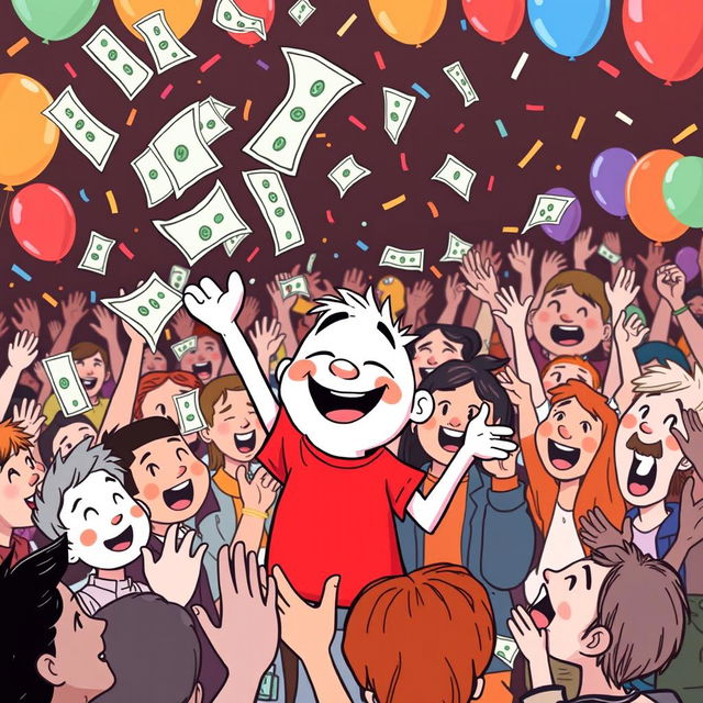 A whimsical white cartoon character wearing a bright red T-shirt joyfully throwing money into a crowd of excited people