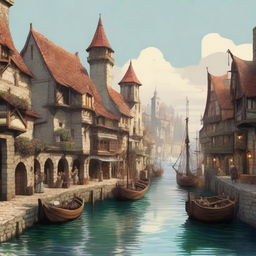 Design a high-quality digital art image showcasing a bustling medieval port in the style of Dungeons and Dragons