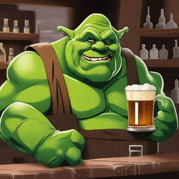 Create a high-quality digital art image of a friendly ogre barkeep