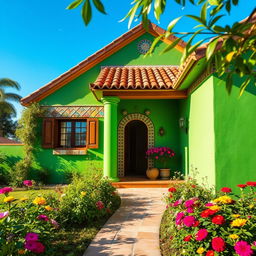 A beautifully designed house with vibrant green walls, the exterior featuring intricate tile patterns
