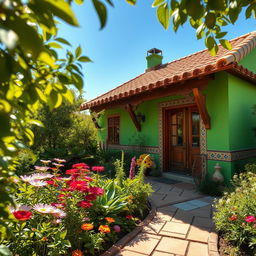 A beautifully designed house with vibrant green walls, the exterior featuring intricate tile patterns