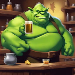 Create a high-quality digital art image of a friendly ogre barkeep