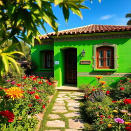 A beautifully designed house with vibrant green walls, the exterior featuring intricate tile patterns