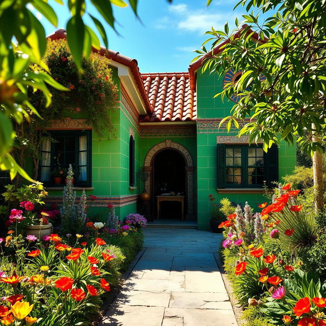 A beautifully designed house with vibrant green walls, the exterior featuring intricate tile patterns