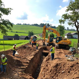 A construction site in a rural village depicting workers engaged in excavation for a roadside drain