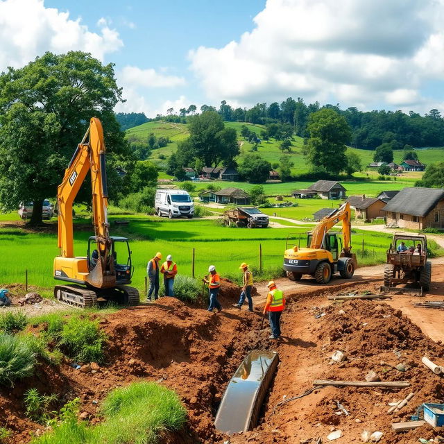 A construction site in a rural village depicting workers engaged in excavation for a roadside drain