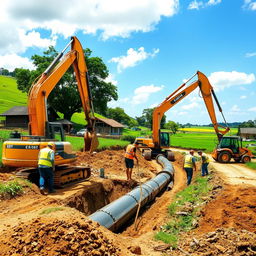 A construction site in a rural village depicting workers engaged in excavation for a roadside drain