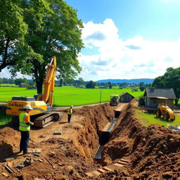 A construction site in a rural village depicting workers engaged in excavation for a roadside drain