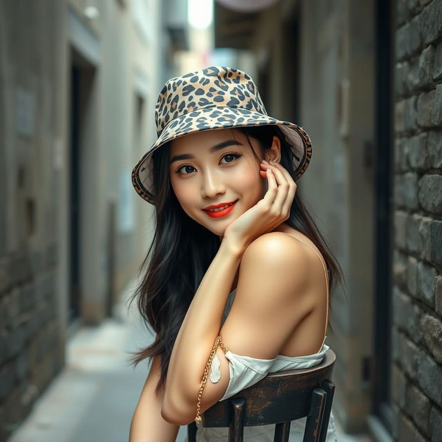 A beautiful Korean woman posing gracefully and attractively, wearing a leopard print bucket hat, sitting on an old chair in a narrow alleyway, facing the camera with a soft smile