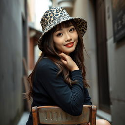 A beautiful Korean woman posing gracefully and attractively, wearing a leopard print bucket hat, sitting on an old chair in a narrow alleyway, facing the camera with a soft smile