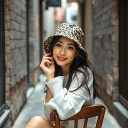 A beautiful Korean woman posing gracefully and attractively, wearing a leopard print bucket hat, sitting on an old chair in a narrow alleyway, facing the camera with a soft smile