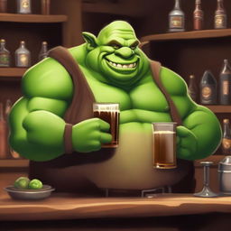 Create a high-quality digital art image of a friendly ogre barkeep