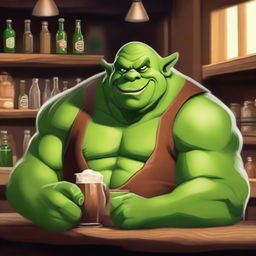 Create a high-quality digital art image of a friendly ogre barkeep