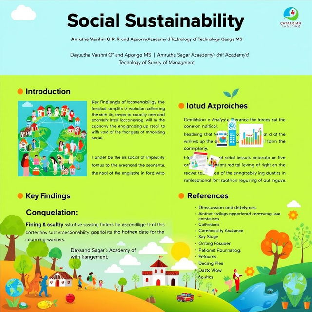 A lively and vibrant poster on social sustainability featuring a clear and concise title 'Social Sustainability' at the top in bold, modern font