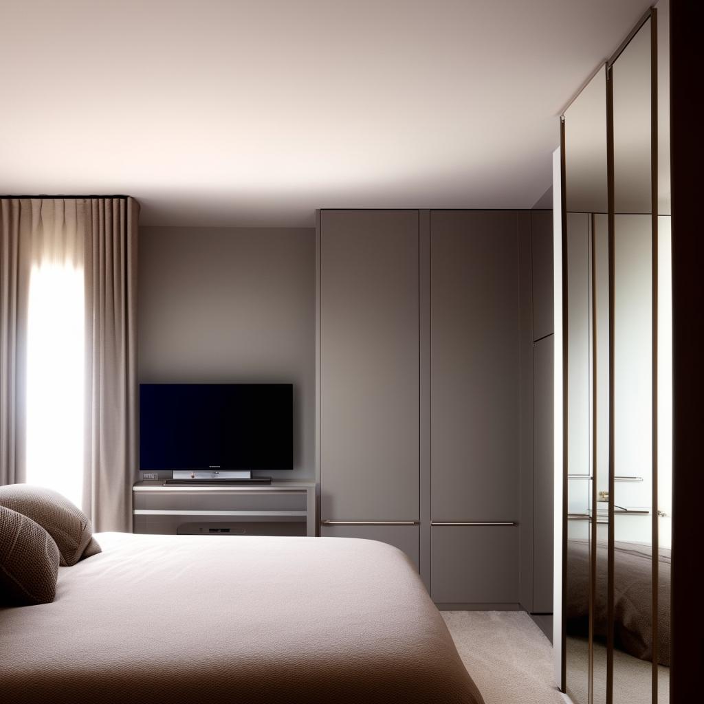 An elegantly designed bedroom in a 9x13 room, complete with a comfortable bed, a stylish wardrobe, and a state-of-the-art television, showcasing excellent interior design.