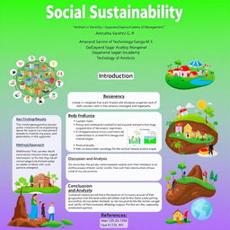 A lively and vibrant poster on social sustainability featuring a clear and concise title 'Social Sustainability' at the top in bold, modern font
