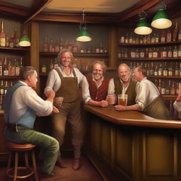 Produce a high-quality digital art image of a friendly tavern bar