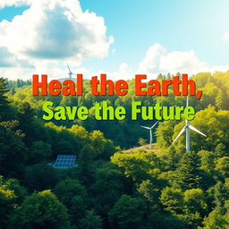 A vibrant and beautiful forest scene showcasing the role of nature in combating climate change, with renewable energy sources like solar panels and wind turbines seamlessly integrated into the landscape