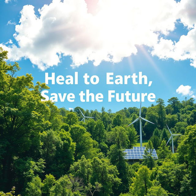 A vibrant and beautiful forest scene showcasing the role of nature in combating climate change, with renewable energy sources like solar panels and wind turbines seamlessly integrated into the landscape