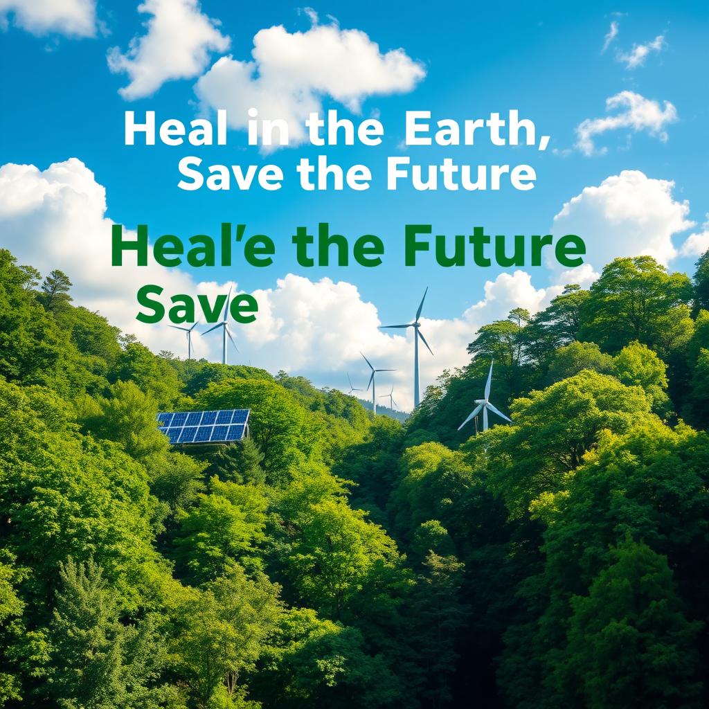 A vibrant and beautiful forest scene showcasing the role of nature in combating climate change, with renewable energy sources like solar panels and wind turbines seamlessly integrated into the landscape