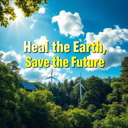 A vibrant and beautiful forest scene showcasing the role of nature in combating climate change, with renewable energy sources like solar panels and wind turbines seamlessly integrated into the landscape