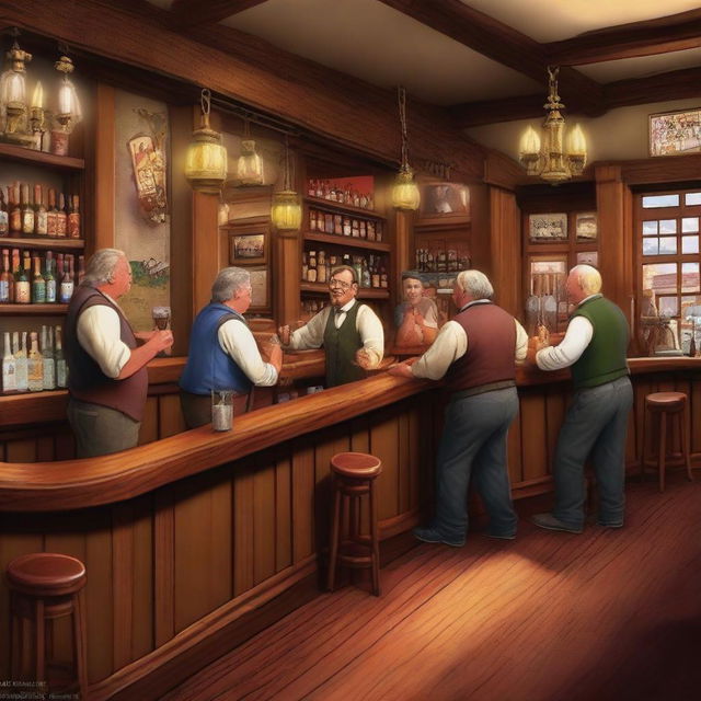 Produce a high-quality digital art image of a friendly tavern bar