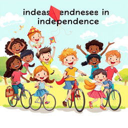 A vibrant and colorful illustration depicting children's perspectives on independence, showing a diverse group of children from various backgrounds joyfully engaging in activities that symbolize freedom, such as flying kites, riding bicycles, exploring nature, and playing in a park