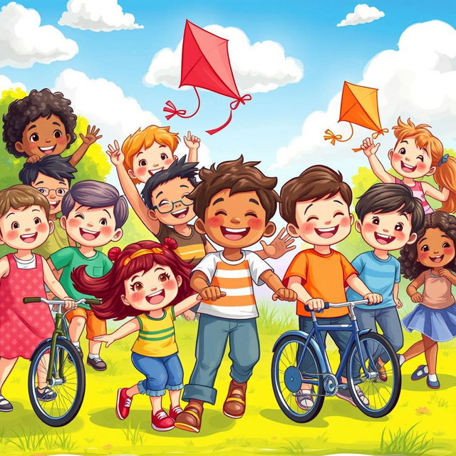 A vibrant and colorful illustration depicting children's perspectives on independence, showing a diverse group of children from various backgrounds joyfully engaging in activities that symbolize freedom, such as flying kites, riding bicycles, exploring nature, and playing in a park