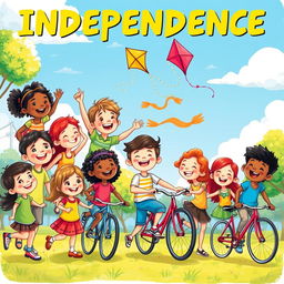 A vibrant and colorful illustration depicting children's perspectives on independence, showing a diverse group of children from various backgrounds joyfully engaging in activities that symbolize freedom, such as flying kites, riding bicycles, exploring nature, and playing in a park